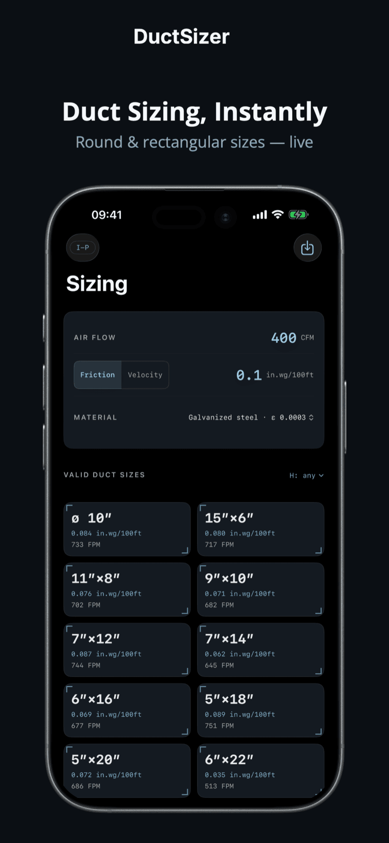 DuctSizer — lead screen